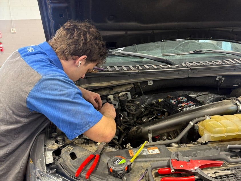 Technician inspecting vehicle engine bay